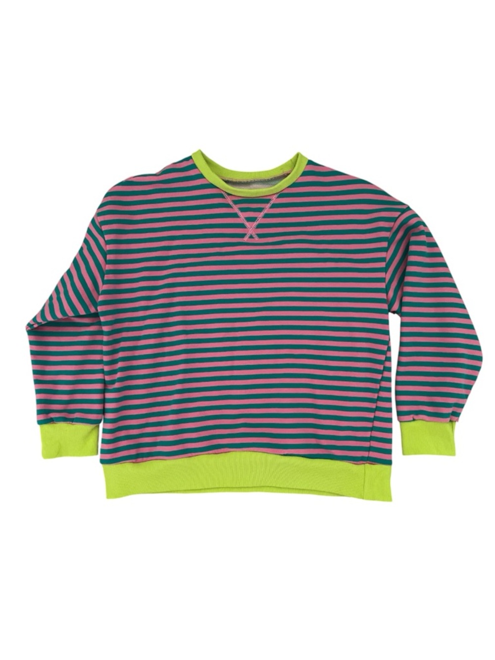 Striped Crewneck Sweater in Pink, Teal & Neon Lime